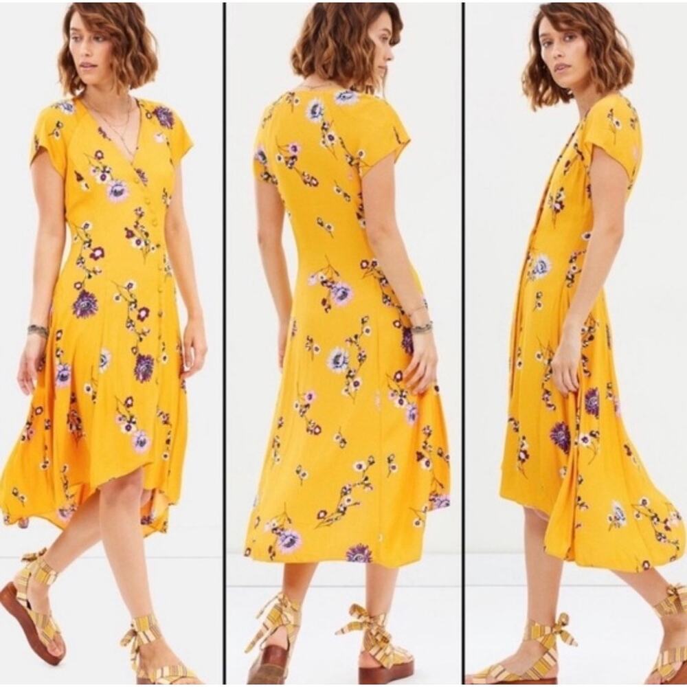 Free People Lost In You Yellow Floral Midi Dress  High-Low Sz L New button front